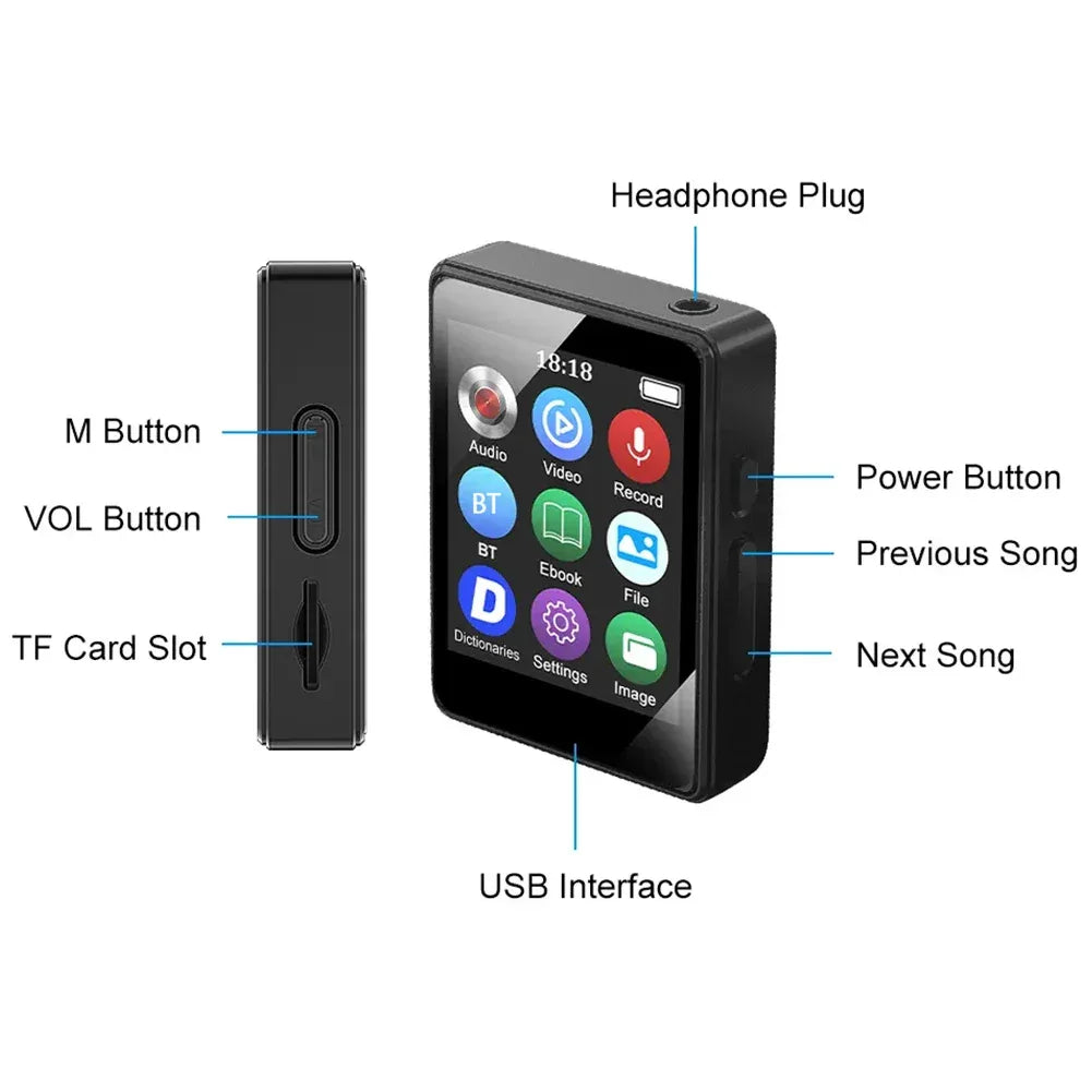 1.8-inch portable MP3 MP4 music player with Bluetooth 5.0 internal speaker compatible up to 128 Gb