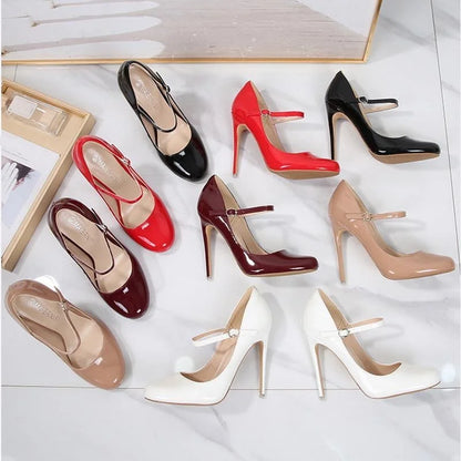 Women Patent Leather High Thin Heel Shoes Ankle Strap Women Pumps for Office Nightclub Party Wedding Cross Dressing Wide Shoes