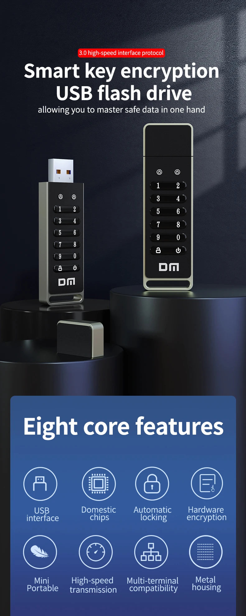 DM FD063 256-bit Encrypted USB Drive Password Secure Flash Drive USB3.0 U Disk Support Reset/Wipe/Auto Lock Function