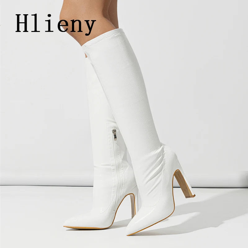 Hlieny Autumn Winter Fashion Women Knee High Motorcycle Boots Sexy Pointed Toe Square Heels Long Zipper Female Botas Shoes
