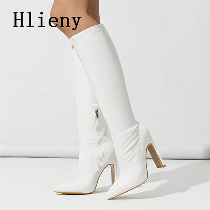 Hlieny Autumn Winter Fashion Women Knee High Motorcycle Boots Sexy Pointed Toe Square Heels Long Zipper Female Botas Shoes