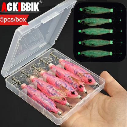 5pcs/box Horizontal Egi Set 8cm Glow Horizontal Squid Jig Real Shrimp Fishing Lure Saltwater Cuttlefish UV Shrimp Octopus Baits