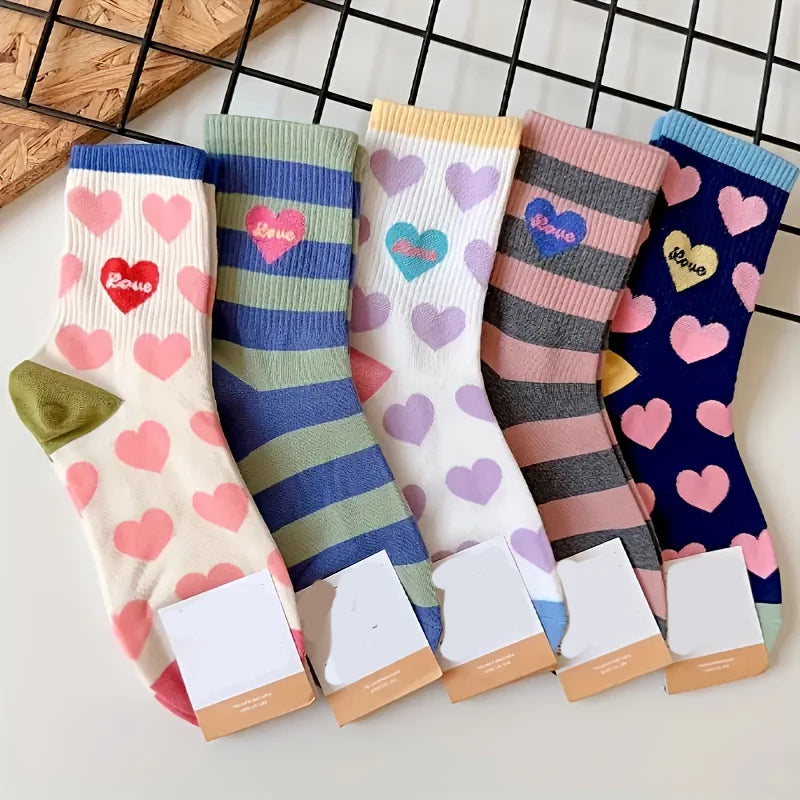 5 Pairs Dopamine Sweet Heart Striped Women Mid Tube Socks Fashionable Korean College Style Comfortable All Season Casual Socks