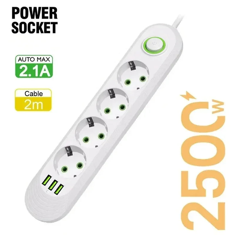 2500W EU Plug Power Socket 2m Extension Cable 3 USB Jack 3/4/5 Holes Power Strip Socket Network Filter With USB Ports Charging