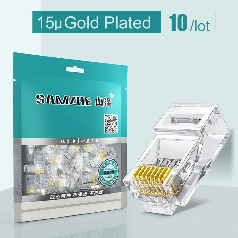 SAMZHE Cat5e RJ45 Modular Plug 8P8C Connector for Ethernet Cable,Gold Plated CAT 5e Gigabit Bulk Ethernet Crimp Connectors