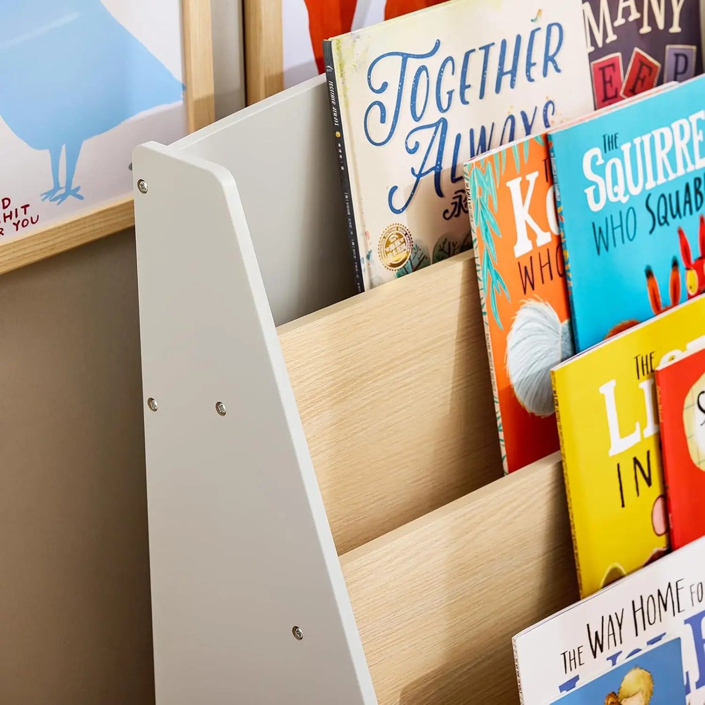 Children's bookshelf, Storage Furniture with 4 levels of open compartments, 61x30x71cm, White + wood color