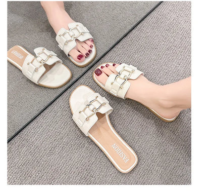 2024European and American Style Summer Fashion Out Flip-flops Flat Leisure Horse with Buckle Temperament One Line Slippers Woman