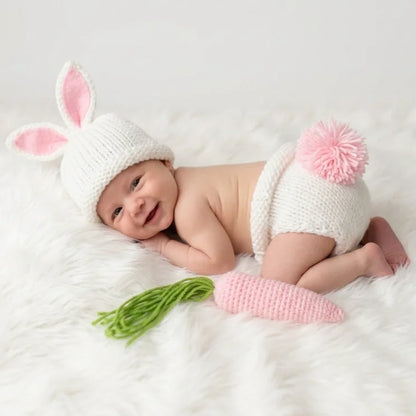 Cute Newborn Baby Photography Prop Gift Set Knitted Cartoon Pink Bunny Shorts Hat CarrotNewbornPhotoShootCostumeBaby Shower Gift