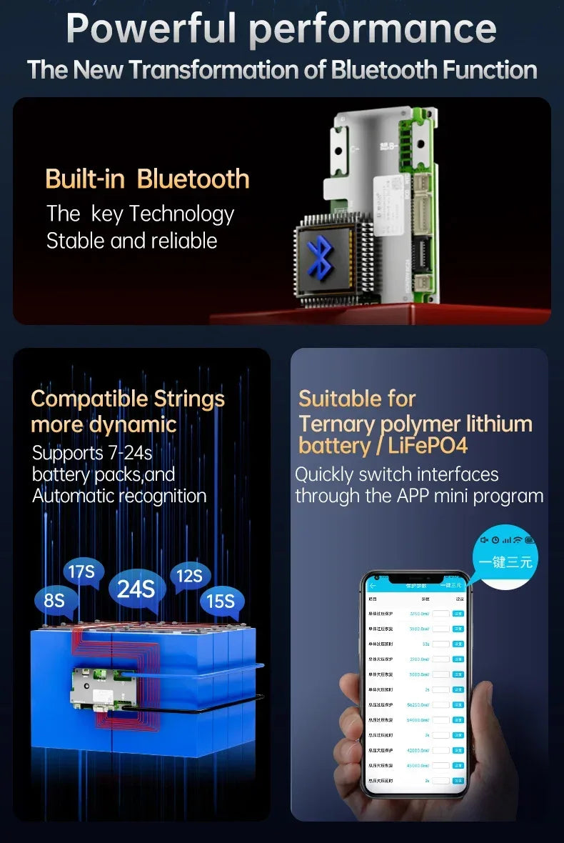 Build-in BT JBD Smart BMS Automatic Identify 7S-24S 8S 9S 10S 11S 12S 13S 14S 16S 20S 21S 22S 40A 50A 60A 80A LFP NMC Battery