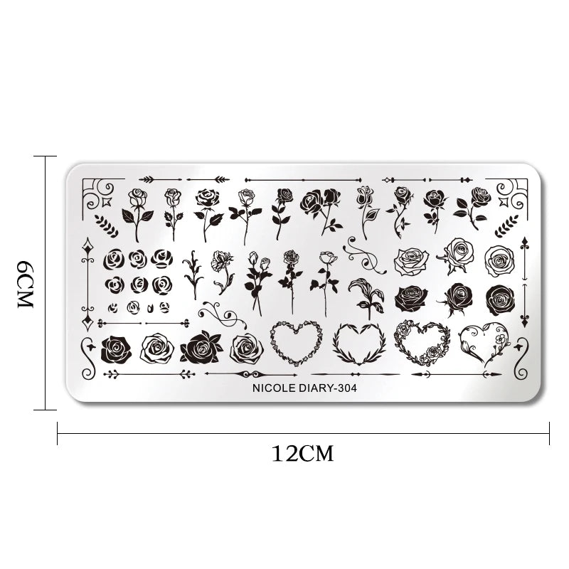 NICOLE DIARY Rose Flower Nail Stamping Plates Image Template Valentine's day Love Heart Printing Stencil Nail Art Manicure Tools