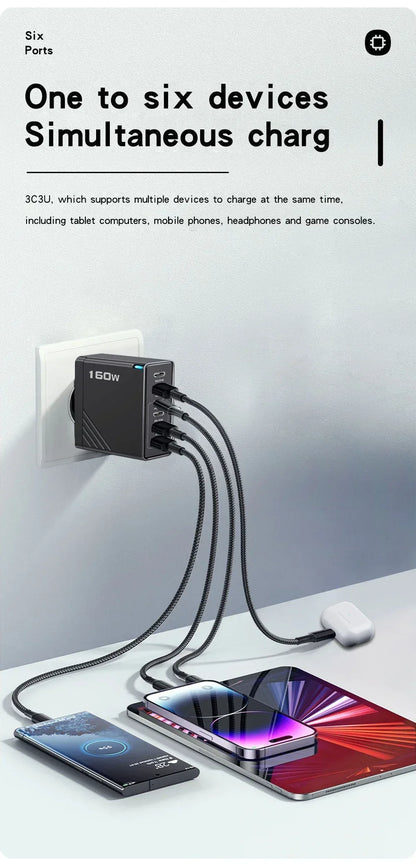 160W Fast Charge Phone Charger Adapter Multi Port USB Type C Charger For iPhone Samsung Xiaomi Huawei EU/US/UK Plug Wall Charger