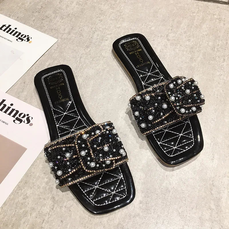 Women's Flat Head Butterfly Knot Slippers Summer New Fashion Outdoor Korean Fairy Style Sandals Polyurethane Rubber Sole