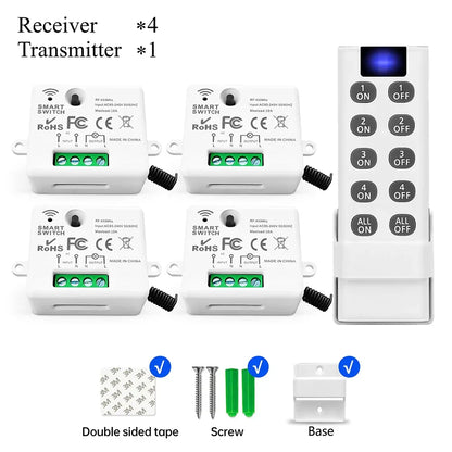 RF Wireless Smart Light Switch 433MHz 110V 220V Mini Relay Receiver Module ,4-in-1 Remote Control,For Led Light Lamp Fan ON/OFF