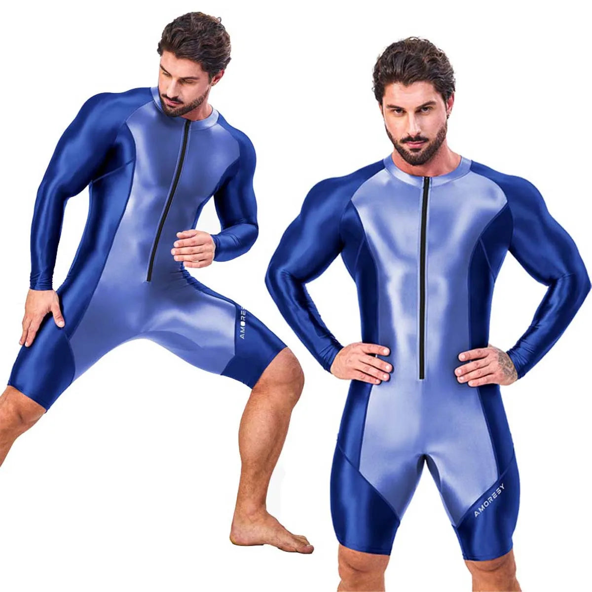 AMORESY Atticus Series Men Glossy Smooth Patchwork High Stretch Long Sleeve Knee Length Tracksuit Jumpsuit Bodysuit Fitness Gym