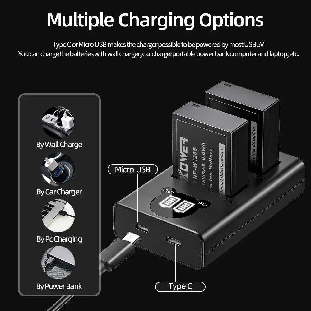 Dual Camera Battery Charger for Sony NP-FW50 FZ100 BX1 Canon LP-E6 E8 E17 NB-13L fuji NP-W235 W126 Nikon EN-El15 EL25 Panasonic