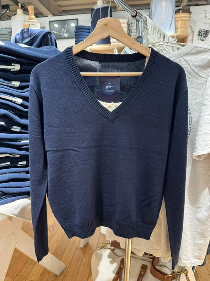 Navy Vintage Sweater Woman Autumn V-neck Long Sleeve Cotton Pullover Solid Simple Streetwear Preppy Style  Sweaters Y2k Jumpers