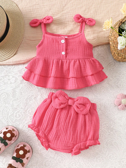 Baby Girl Bow-Knot Suspender Top with Ruffles + Bow-Knot Shorts Set, Cute and Breathable Two-Piece Summer Set