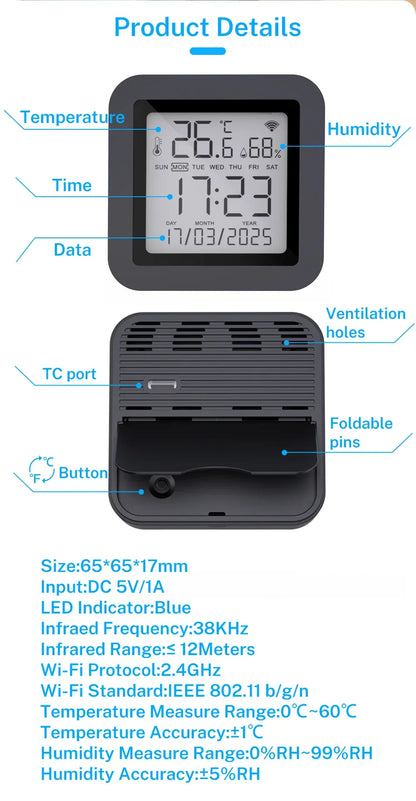 Tuya WiFi IR Remote Control With Temperature Humidity Sensor for Smart Home APP via Smart Life Work with Yandex Alexa