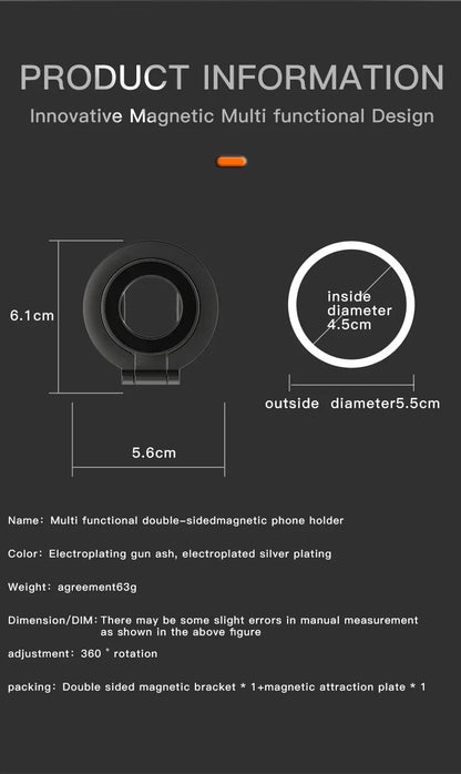 Double Sided Phone Stand Magnetic Phone Ring Holder Kickstand Magnet Grip for MagSafe iPhone 16 15 14 13 12 Pro Max Car Holder