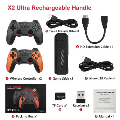 X2 Ultra Pro Retro Game Stick 64GB/128GB Portable Game Console with 4K Video Wireless Controller Supports FC & GBC Game Formats