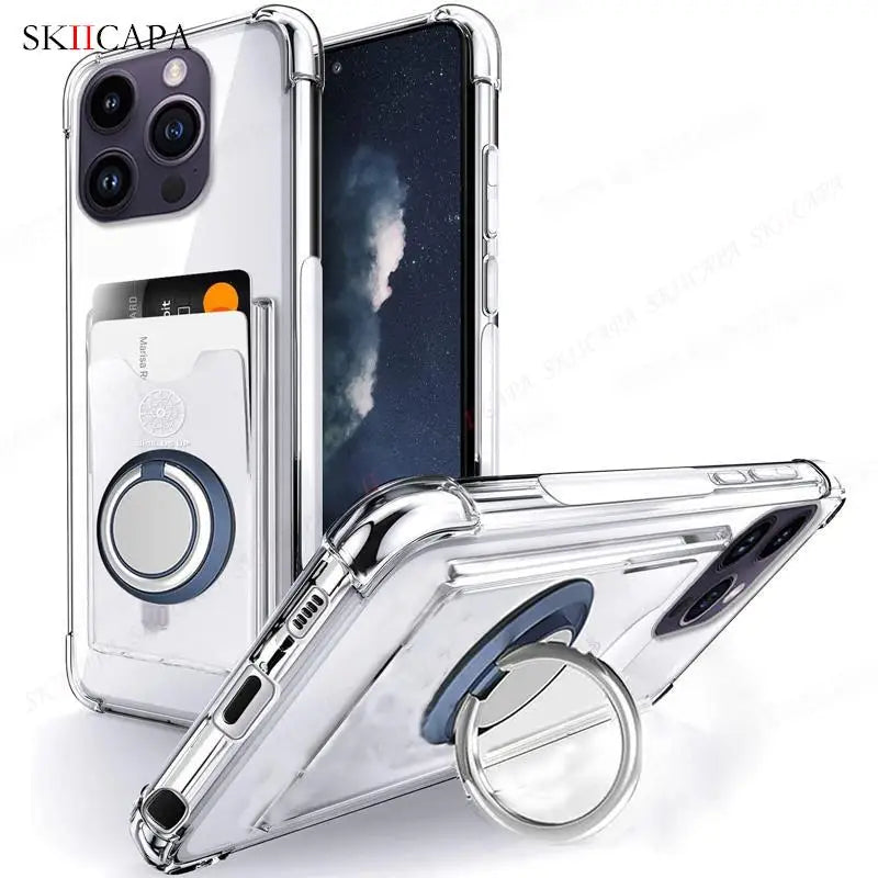 Ring Holder Wallet Card Slot Phone Case for Xiaomi 14T 14 Pro Airbag Shockproof Soft Silicone Transparent Cover for Redmi 14C 4G