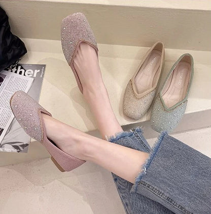 Shoes for Woman 2025 Diamond Flats Women's Summer Footwear Flat Square Toe Pink with Crystals Rhinestone Office 39 Beau Today E