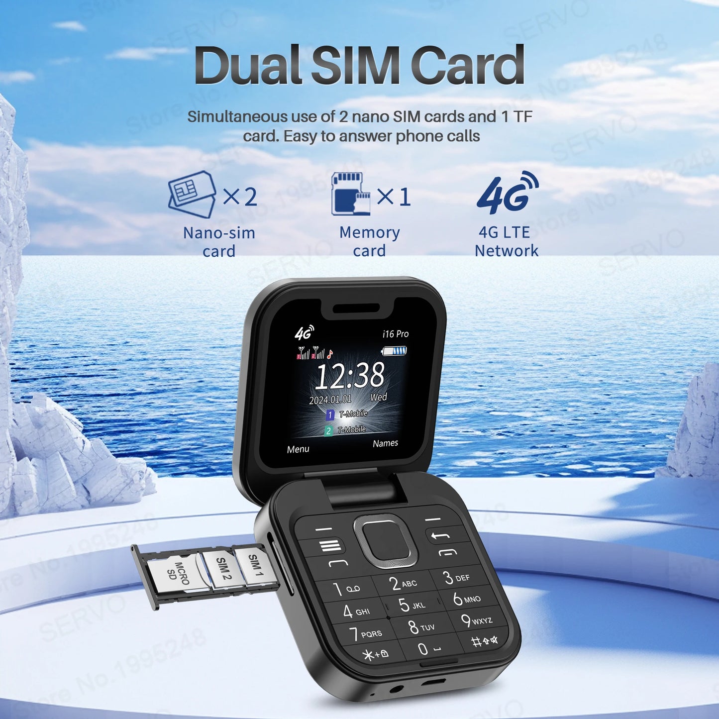 SERVO i16 PRO 4G LTE Mini Flip Mobile Phone Dual SIM Standby Call Recording Speed Dial FM Radio 1.77" Screen Foldable Cellphones