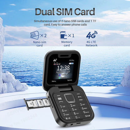 SERVO i16 PRO 4G LTE Mini Flip Mobile Phone Dual SIM Standby Call Recording Speed Dial FM Radio 1.77" Screen Foldable Cellphones