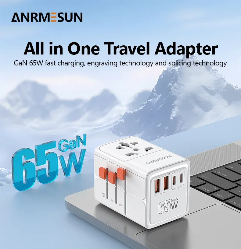ANRMESUN 65W GaN Universal Travel Adapter with 2 USB 2 Type C Fast Charging All-in-one Travel Charger EU/UK/USA/AUS for Travel