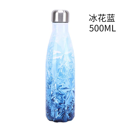 500ml Cola Shape Insulated Bottle, 304 Stainless Steel Vacuum Flask, Marble/Print Portable Water Bottle