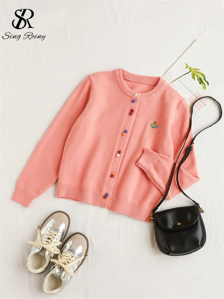 SINGREINY Knitted Solid Soft Sweater Cardigan Ladies O-Neck Full Sleeves Pearls Buttons Chic Design Autumn Casual Warm Pullover
