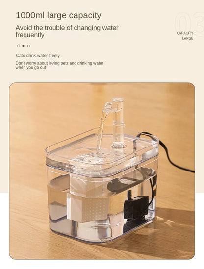 1000ml Automatic Pet Water Fountain Transparent USB Power Cat Water Dispenser for Indoor Dog and Cat Water Feeding Supplies