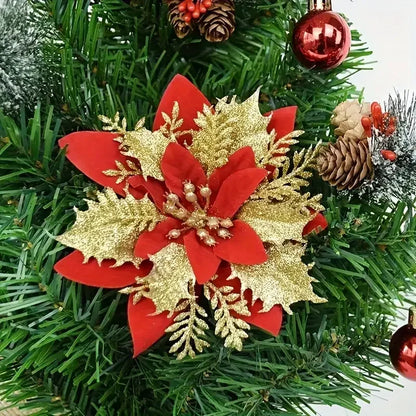 40PCS Artificial Glitter Christmas Flowers with Clips for Xmas Tree Ornament Fake Flower Floral New Year Party Home Decoration