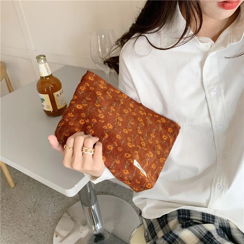 Cosmetic Bag Women Floral Makeup Case Organizer Korean Embroidery Cosmetic Pouch Travel Toiletry Bag Corduroy Canvas Beauty Case