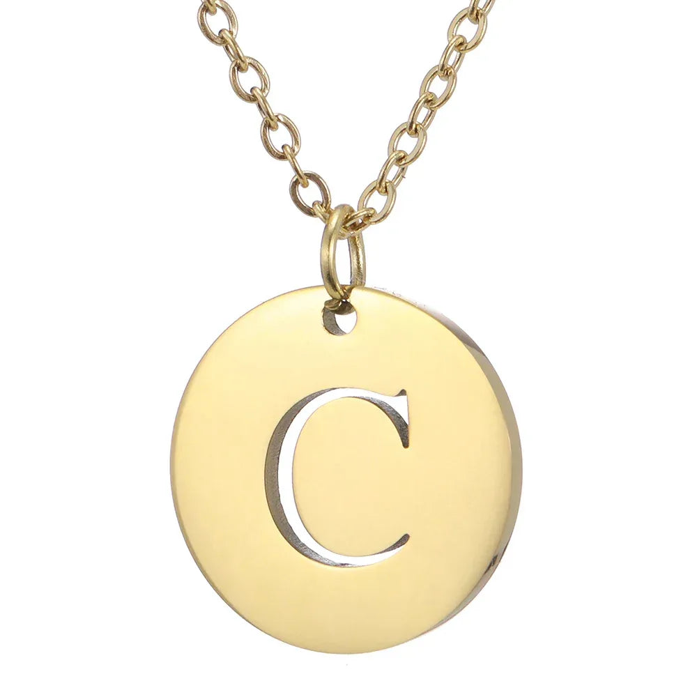 New Trend Stainless Steel Gold Silver Color Initials Necklace Hollow Round 26 Letter Pendant Necklace Jewelry Christmas Gift