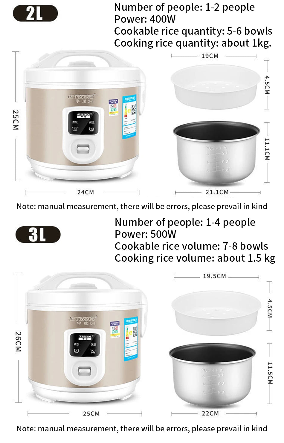 Peskoe Mini Rice Cooker Non-Stick Surface Old-Fashioned 1-2-3 Person Multi-Function Household Cooking Appliance 2L 3L 4L 5L