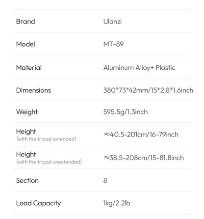 Ulanzi MT-89 2M Quick-Release Light Stand with Cold Shoe Mount 8-Section Extend for Action Camera Phone Clamp Photograph Tripod