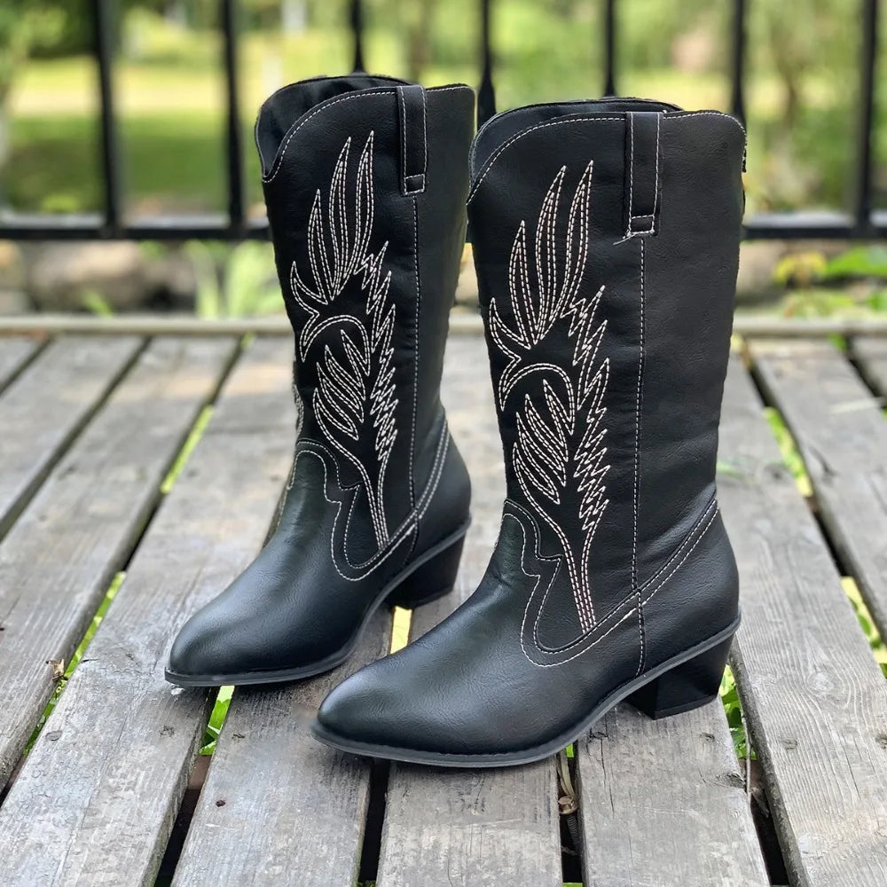 2024 Classic Embroidered Western Cowboy Boots for Women Leather Cowgirl Boots Low Heels Shoes Knee High Woman Boots Size36-43
