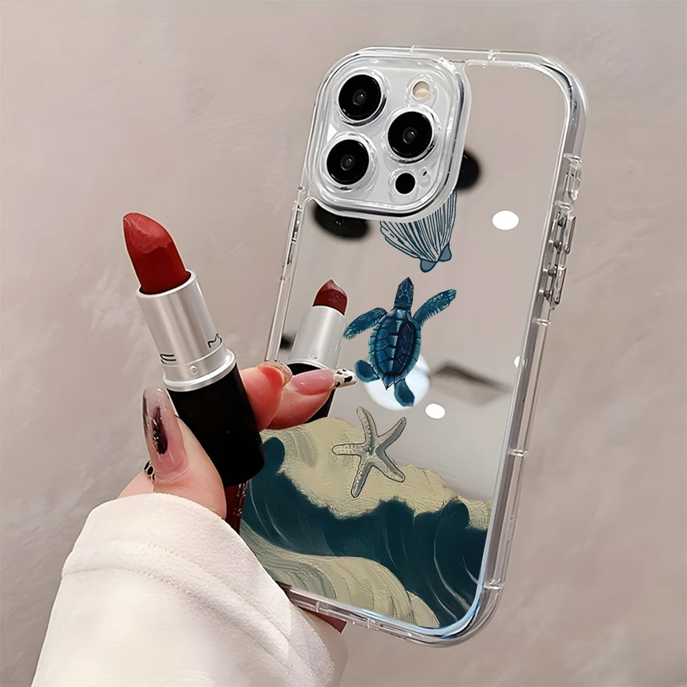 Ocean Turtle Beach Pattern Back Mirror Phone Case for IPhone 11 12 13 14 15 16 17 Pro Max X XR XS 7 8 Plus Air Shockproof Cover