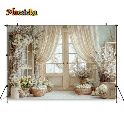 Mocsicka Spring Easter Background Photography White Retro Door Colorful Egg Floral Backdrop Maternity Newborn Photozone Studio