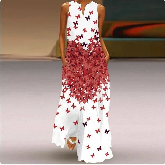Sleeveless Feather Printed Dress Bohemian Vest Dresses Trendy Beach Casual Loose Robe Colorful Summer