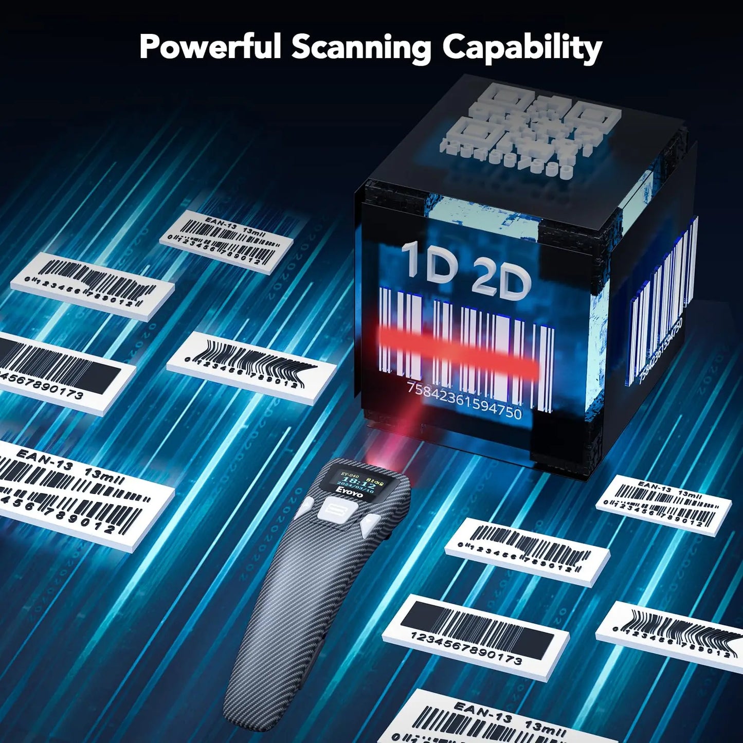 EYOYO Portable Bluetooth 1D Bar Code 2D QR Scanner with Digital Display Can Add Custom Prefix/Suffix Digits,Keyboard Keys