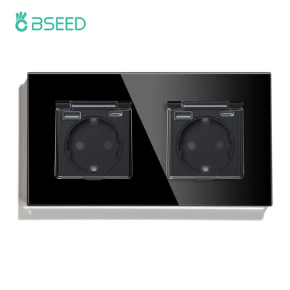 BSEED EU Standard Single Power Socket With Waterproof Cover Double USB Type-C Outlets Triple Plugs 16A Glass Panel 110-250V
