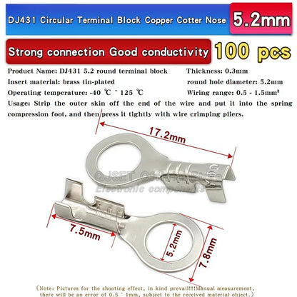 100PCS Circular Terminal Blocks DJ431 O-ring lugs Cold pressed connectors Copper lugs Terminal blocks Open ended bare ends 6.3mm