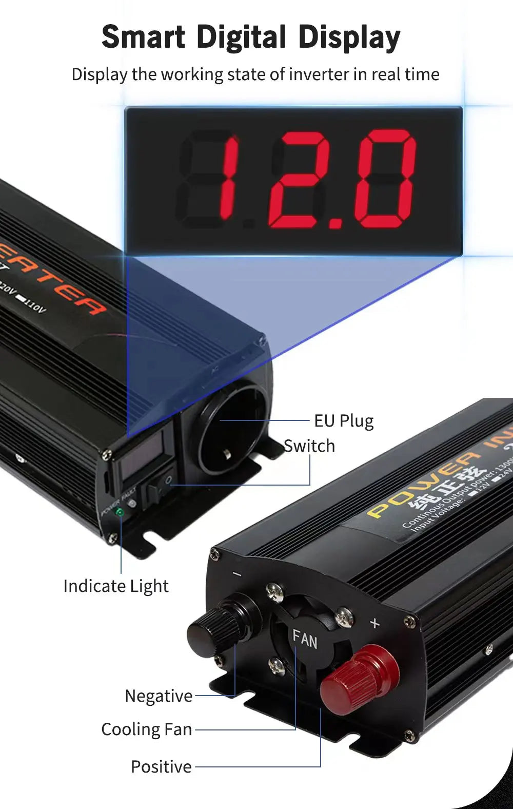 Inverter 12v 220v  For 110v  Pure Sine DC 12V 24V  Power 1000W 2000W 2600W Solar Car Inverters Single Digital Display Converter