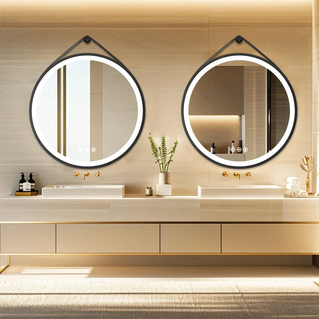 LUVODI 32-Inch Large Round Bathroom Mirror with LED Lights Black Frame Touch Sensor Lighted Mirror for Bathrooms