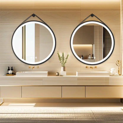 LUVODI 32-Inch Large Round Bathroom Mirror with LED Lights Black Frame Touch Sensor Lighted Mirror for Bathrooms