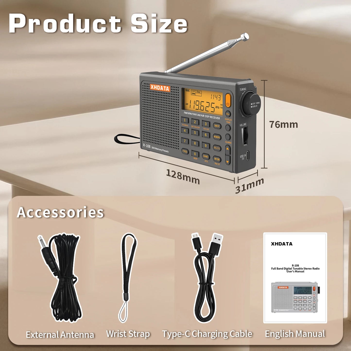 XHDATA R-108 Digital Portable Radio Stereo FM LW SW MW Full-Band Radio DSP Radio Receiver Multi-Function Rechargeable Radio