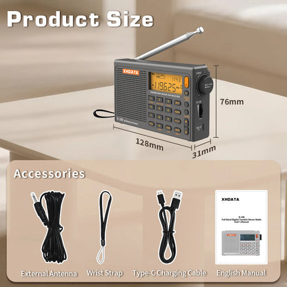 XHDATA R-108 Digital Portable Radio Stereo FM LW SW MW Full-Band Radio DSP Radio Receiver Multi-Function Rechargeable Radio