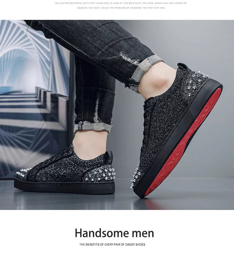 New Fashion Silver Trainers Glitter Spiky Shoes Men Lace Up Sneakers Low Top Shoes Red Sole Man Designer Sneaker With Spikes